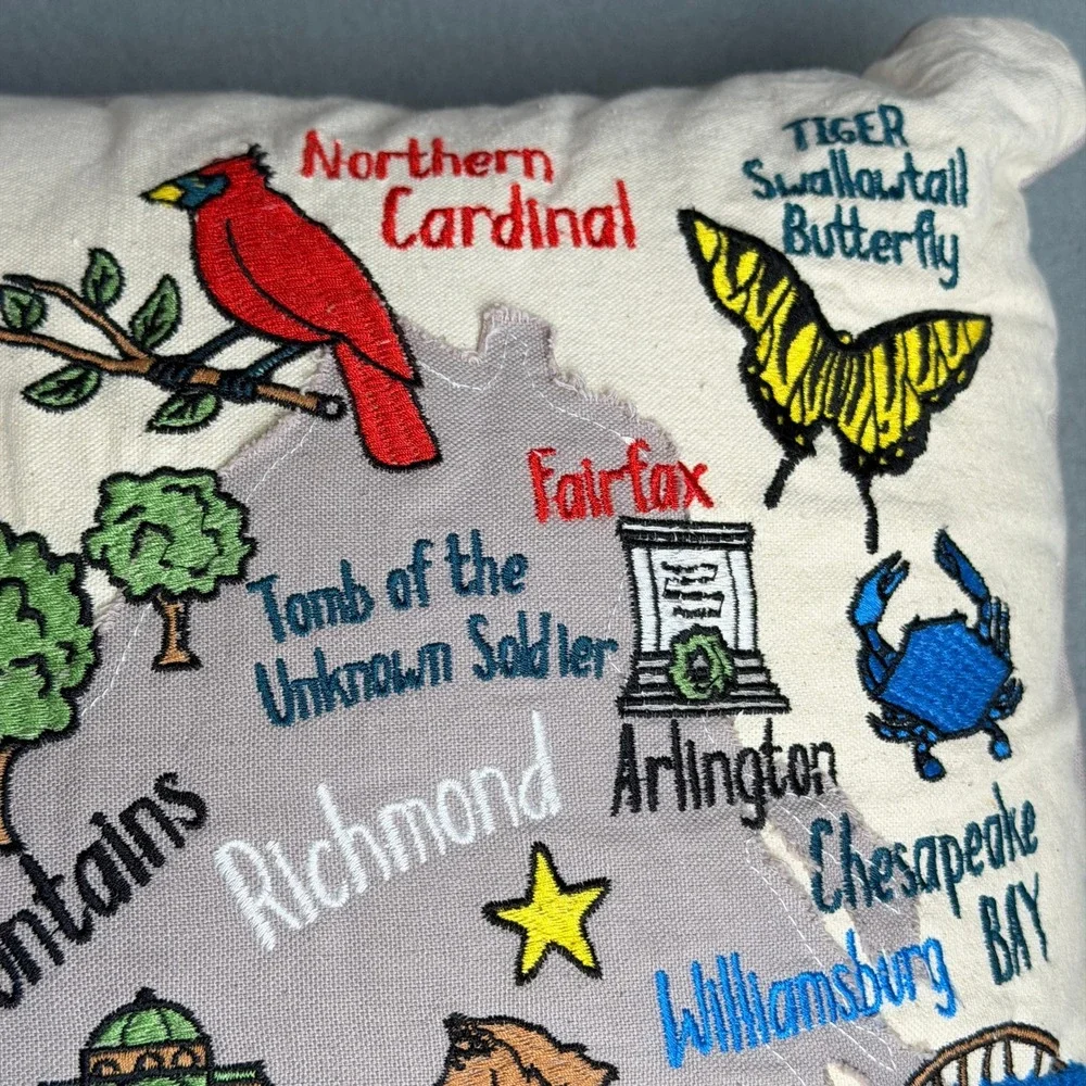 Catstudio Virginia State Hand Embroidered Pillow Old Dominion Retro Map Accent